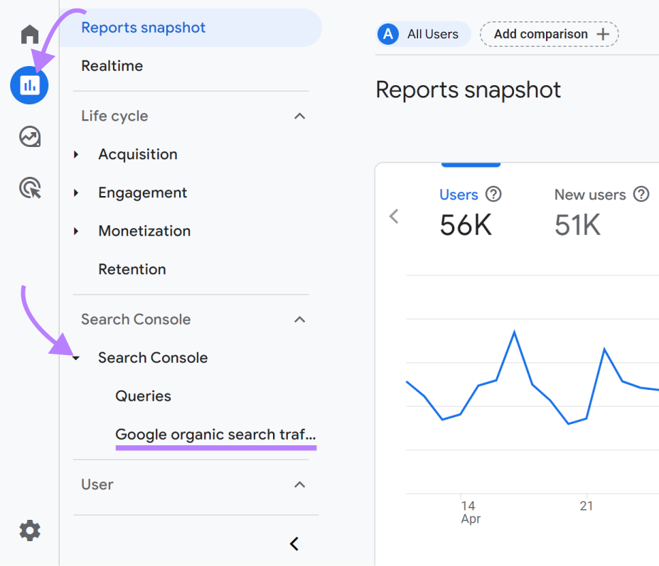 Google organic search traffic menu option highlighted within reports navigation.