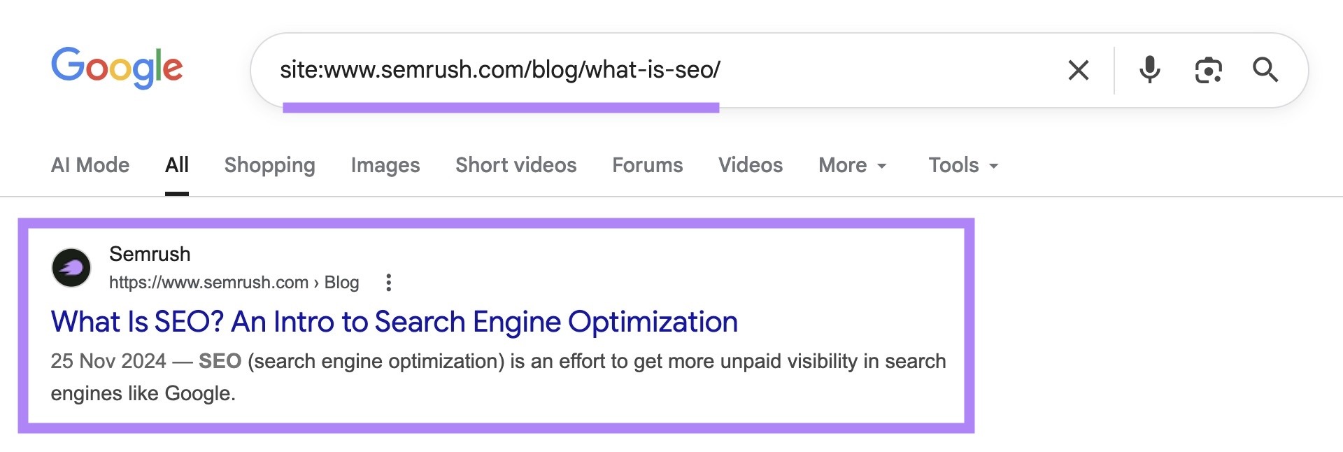 SERP for “site:sr02.groupbuyseo.us/blog/what-is-seo/” with the top result highlighted.